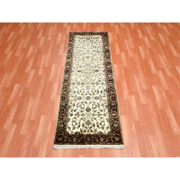 Isabelline 2'7"x8' Ivory Wool and Silk Hand Knotted Rajasthan All Over Leaf Design Runner Rug F8612B5D381B404997D619EB0C