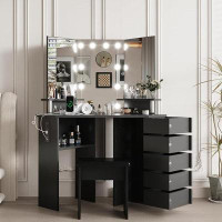 Latitude Run® Corner Makeup Vanity Desk With Lights, Power Outlet, And Rotating Drawers