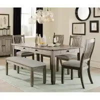 Gracie Oaks Antique Grey And Coffee Finish 6Pc Dining Set Table W 6X Drawers Upholstered Bench 4X Side Chairs Casual Cou