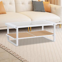 Latitude Run® Rustic Rectangular Coffee Table with Glass Top and Woven Rattan Shelves