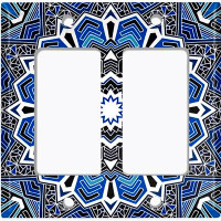WorldAcc Metal Light Switch Plate Outlet Cover (Black Blue Elegant Circular Mandala Flowers Tile   - Double Rocker)