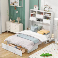 Red Barrel Studio Queen Size Murphy Bed With Bookcase, Bedside Shelves And A Big Drawer, White