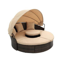 Winston Porter Outdoor Wicker Rattan Sectional Cushioned Sofa Set Patio Round Daybed with Retractable Canopy Navy