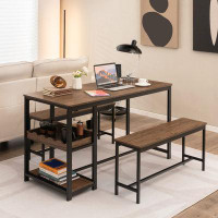 17 Stories 17 Storeys 3pcs Rustic Kitchen Dining Set Includes Storage Rack W/ Rectangular Table & 2 Benches