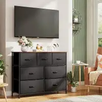 Ebern Designs Fabric Drawer TV Stand With Metal Frame & Wood Top - Fits Tvs Up To 45", Black & Rustic Brown.
