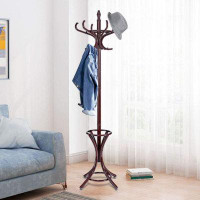 Canora Grey Wooden Standing Coat Rack Tree With 12 Hooks And Umbrella Stand,Grey