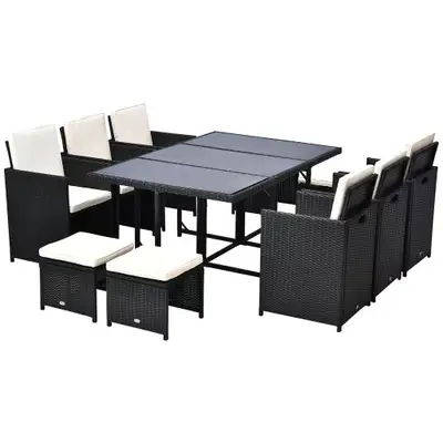 11pc Compact PE Rattan Wicker Dining Table Set w/ Cushions for Outdoor Patio - Black, White
