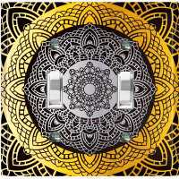 WorldAcc Metal Light Switch Plate Outlet Cover (Yellow Black Mandala Circle  - Double Toggle)