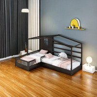 Harper Orchard Wood House Bed Twin Size, 2 Twin Solid Bed L Structure With Fence And Slatted Frame