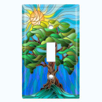 WorldAcc Metal Light Switch Plate Outlet Cover (Big Green Tree Leaves Yellow Sun Sky Tile Mosiac - Single Toggle)
