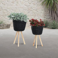 Dakota Fields Morosco 2 Piece Planters - Wooden Black Planters with Contemporary Woven Design, Planter on Legs for Plant