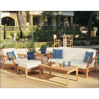 Teak Smith 5 Pc Sofa Set: Sofa, Lounge Chair, Ottoman, Coffee&Side Table + Cushions in Sunbrella #5404 Natural-33" H x 6