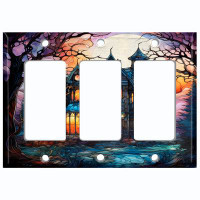 WorldAcc Metal Light Switch Plate Outlet Cover (Halloween Spooky Sunset Manor - Triple Rocker)