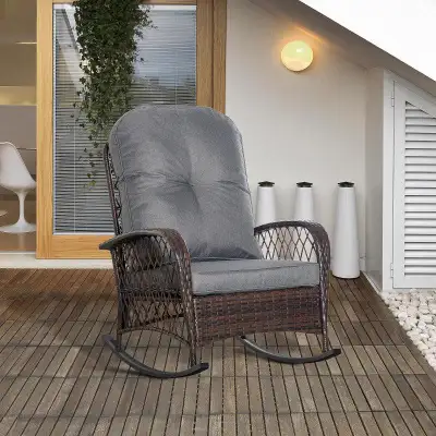 Outdoor PE Rattan Wicker Rocking Chair w Plush Cushions for Garden Patio Deck - Grey & Brown