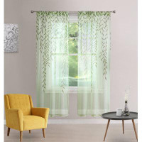 East Urban Home Lysan Willow Green Sheer Curtains 2 Panels, Willow Leaf Vine Drapes Rod Pocket Glitter Leaves Voile Bota
