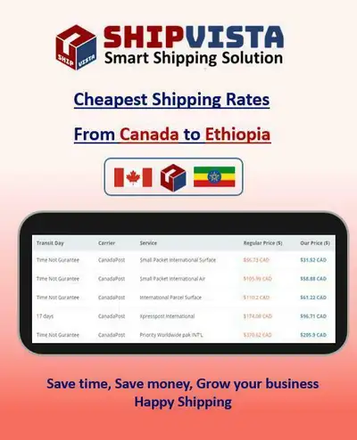 ShipVista provides the cheapest shipping rates from Canada to Ethiopia. Whether you are an individua...