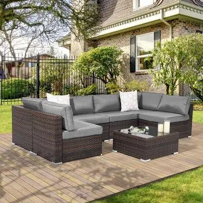 Latitude Run® Outdoor 7 Pieces Sectional Sofa Conversation Sets, Patio PE Wicker Rattan Woven, Washable Sponge Cushions