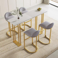 Mercer41 5 Pcs Bar Table And Chairs Set, Modern Gold White Table With 4 Velvet Cushion Bar Stools,gold Frame