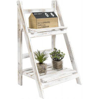 Gracie Oaks 2 Tier Rustic Whitewashed Solid Wood Freestanding Foldable Indoor Plant Stand, Decorative Wooden Display She