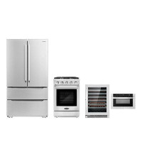 Cosmo 4 Piece Kitchen Package With 24" Freestanding Gas Rang 48 Bottle Freestanding Wine Refrigerator 24" Built-in Micro