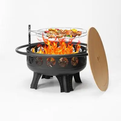 The fire pit is equipped with 1 fire bowl 1 swivel grill 1 metal lid and 4 stands. It has 3 function...