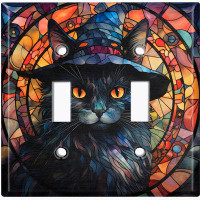 WorldAcc Metal Light Switch Plate Outlet Cover (Halloween Spooky Black Cat Witch Hat - Double Toggle)