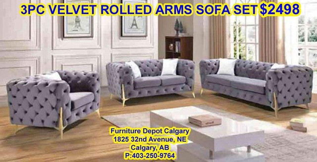 3pc velvet rolled arms sofa set $2498 in Couches & Futons in Calgary