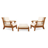 Teak Smith 3 Pc Lounge Chair Set: 2 Lounge Chairs & Ottoman + Cushions in Sunbrella Fabric #5404 Canvas Natural-33" H x