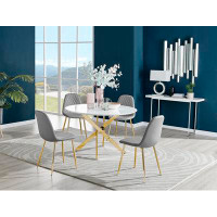 East Urban Home Sleek Gold and White Gloss Round Dining Table Set with 4 Faux Leather Dining Chairs