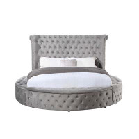House of Hampton Round Shaped Velvet Upholstered King Bed With Deep Button Tufting In Grey