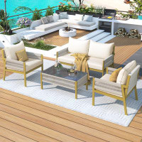 Mercer41 4-piece Rope Patio Furniture Set, Outdoor Furniture With Tempered Glass Table, Patio Conversation Set Deep Seat
