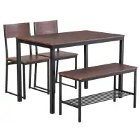 Ebern Designs Industrial 4 Piece Dining Room Table Set With Bench Wooden Kitchen Table And Chairs W/ Storage Rack For Ki