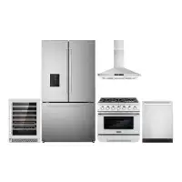 Cosmo 5 Piece Kitchen Package With 36" Freestanding Gas Range 36" Wall Mount Range Hood 24" Built-in Fully Integrated Di