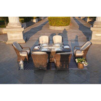 Red Barrel Studio Moda 70 In. X 39 In. X 27 In. H Grey Rectangular Wicker Outdoor Gas Fire Pits Table With 6-Chairs