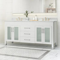 Hokku Designs 73'' Bathroom Vanity With Marble Top & Double Ceramic Sinks, 4 Doors With Glass, 3 Drawers, White