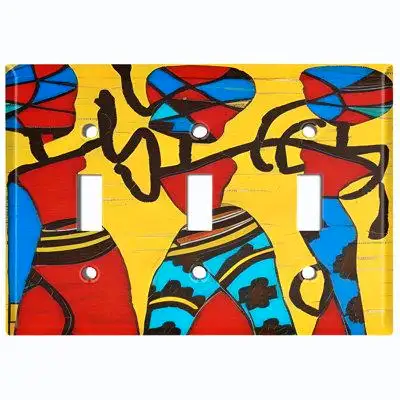 WorldAcc Metal Light Switch Plate Outlet Cover (Native African Culture Safari Yellow - Triple Toggle)