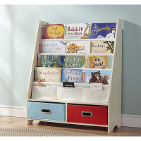 Latitude Run® Beige Kids' Book Rack: Sling Bookshelf With Toy Organizer Shelves And Storage Boxes