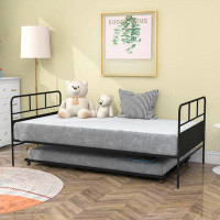 Mason & Marbles Twin Size Metal Platform Bed Frame With Trundle Built-In Casters