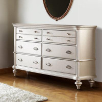 Rosdorf Park 63 Inch Wide 6 Drawer Dresser, Crystal Like Knobs, Moulded Details, Silver