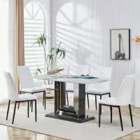 hanada 7-Piece Dining Table Set With Glass Tabletop U-Shape Base And PU Chairs