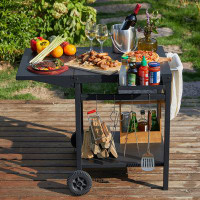 Arlmont & Co. Outdoor Grill Dining Cart Movable Pizza Oven Bbq Stand Double Shelf Outdoor Worktable With 2 Wheels