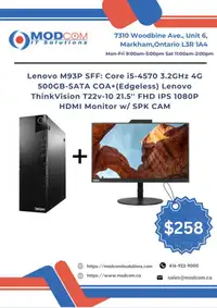 PC OFF LEASE Lenovo M93P SFF: Core i5-4570 3.2GHz 4G 500GB-SATA COA+Edgeless Lenovo ThinkVision 21.5 Monitor For Sale!