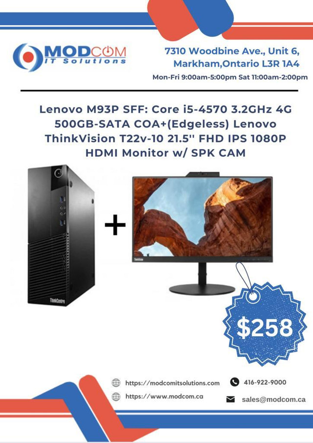 PC OFF LEASE Lenovo M93P SFF: Core i5-4570 3.2GHz 4G 500GB-SATA COA+Edgeless Lenovo ThinkVision 21.5 Monitor For Sale! in Desktop Computers