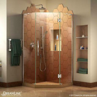 Frameless Hinged Neo-Angle Shower Enclosure in 4 Sizes and 4 Finishes ( Chrome, Brushed, Oil Rubbed Br & Satin Black )