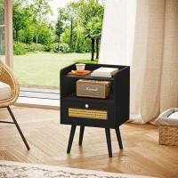 Rubbermaid Rattan Nightstands Set Of 2, Small End Table With Charging Station And LED Lights, Mid Century Modern Side Ta