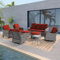 Aok Garden 8-Set Outdoor Grey PE Wicker Furniture Wide Seat Conversation Couch Set Swivel Rocking Chair