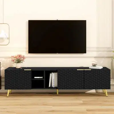 Mercer41 Modern Minimalist Geometric TV Cabinet With Metal Handles And Gold Legs For Tvs Up To 80'', Multi-Functional TV