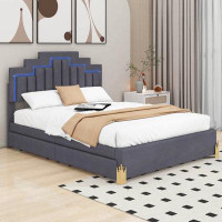 Kunpeng Upholstered Platform Bed with LED Lights and 4 Drawers, Stylish Irregular Metal Bed Legs Design