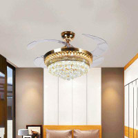 Rosdorf Park 42'''' 4 - Blade Gold Modern Crystal Ceiling Fan Chandelier LED 3 Colour Remote Control Retractable Invisib