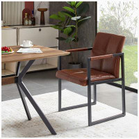17 Stories Brown Modern European Style Dining Chair PU Leather Black Metal Pipe Dining Room Furniture Chair Set Of 2